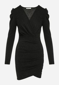 Born2be - Czarna Dopasowana Sukienka Kopertowa Mini z Metaliczną Nitką Noires. Typ kołnierza: dekolt kopertowy. Kolor: czarny. Materiał: tkanina. Długość rękawa: długi rękaw. Typ sukienki: kopertowe. Długość: mini #7