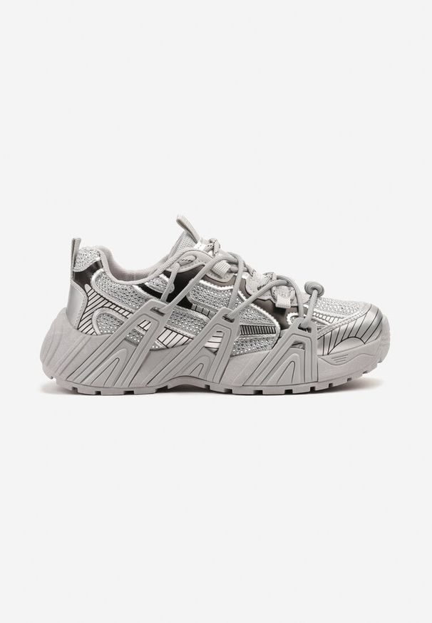 Born2be - Srebrne Sneakersy na Grubej Podeszwie Ozdobione Tłoczeniem Zardisa. Okazja: na co dzień. Kolor: srebrny. Materiał: jeans. Wzór: aplikacja