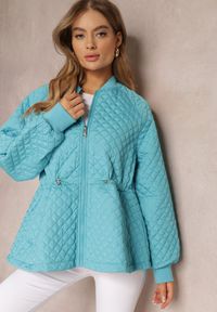 Renee - Niebieska Pikowana Kurtka Bomberka ze Ściągaczami Libbie. Kolor: niebieski. Styl: elegancki