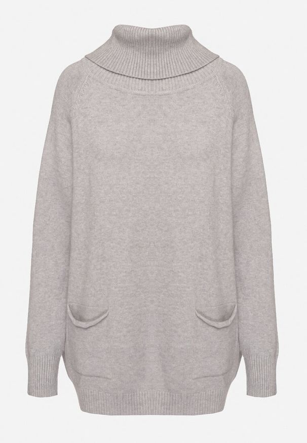 Born2be - Szary Golf z Wiskozą Zdobiony Wsuwanymi Kieszonkami Viaela. Okazja: na co dzień. Typ kołnierza: golf. Kolekcja: plus size. Kolor: szary. Długość: długie. Wzór: aplikacja. Materiał: wiskoza. Długość rękawa: długi rękaw. Styl: elegancki, casual