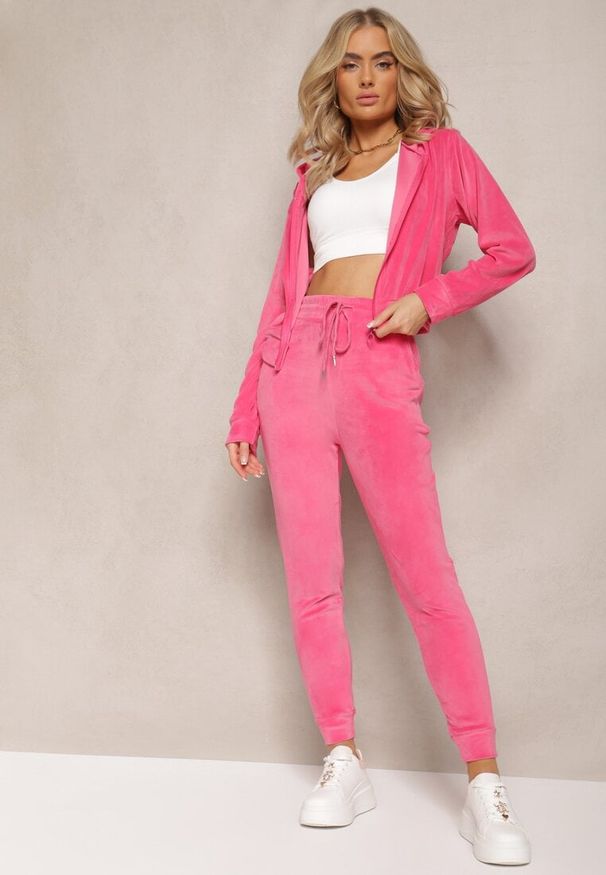 Renee - Fuksjowy Dresowy Komplet z Weluru Spodnie i Bluza z Kapturem na Suwak Styrena. Kolor: różowy. Materiał: welur, dresówka