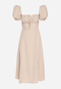 Born2be - Beżowa Sukienka w Rustykalnym Stylu z Wiązaniem przy Dekolcie i Rozcięciem Idanillea. Okazja: na spacer, na co dzień. Typ kołnierza: dekolt kwadratowy. Kolor: beżowy. Typ sukienki: rozkloszowane. Styl: casual #4