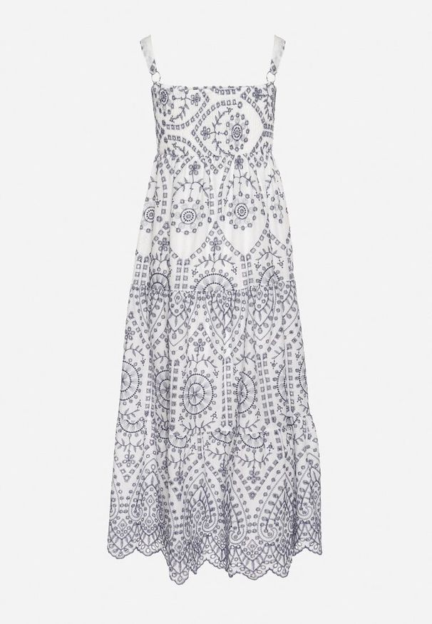 Born2be - Granatowo-Biała Bawełniana Sukienka Ozdobiona Haftem Sadonique. Okazja: na co dzień. Kolor: niebieski. Materiał: bawełna. Długość rękawa: na ramiączkach. Wzór: aplikacja, haft. Styl: casual, elegancki