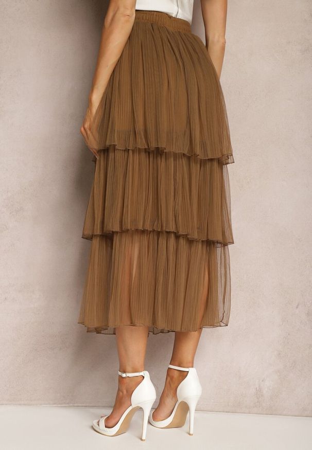 Renee - Brązowa Tiulowa Spódnica Rozkloszowana z Plisowaniem High Waist Eveleena. Stan: podwyższony. Kolor: brązowy. Materiał: tiul. Styl: wizytowy