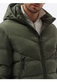 Ombre Clothing - Kurtka męska zimowa z nietypowym pikowaniem - ciemnozielona V2 OM-JAHP-0127 - XXL. Typ kołnierza: kołnierzyk stójkowy. Kolor: zielony. Materiał: poliester, polar. Sezon: zima #5