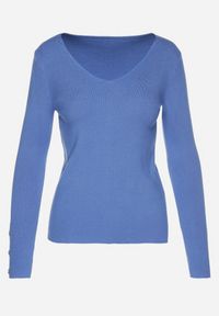 Born2be - Niebieski Sweter z Dekoltem V i Ozdobnymi Guzikami na Rękawach Atterisa. Okazja: na co dzień. Typ kołnierza: dekolt w kształcie V. Kolor: niebieski. Materiał: jeans. Długość rękawa: długi rękaw. Długość: długie. Wzór: aplikacja. Styl: casual #7