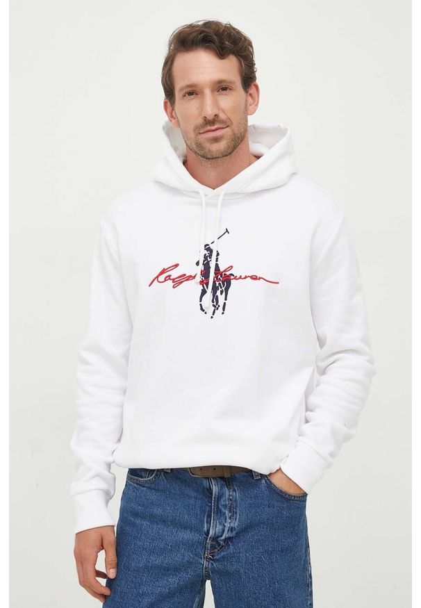 Polo Ralph Lauren bluza męska kolor biały z kapturem z aplikacją. Typ kołnierza: kaptur, polo. Kolor: biały. Długość rękawa: długi rękaw. Długość: długie. Wzór: aplikacja