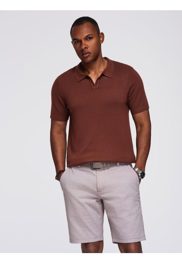 Ombre Clothing - Koszulka męska polo bez guzików z klasycznym splotem – ciepłobrązowa V4 - Rozmiar: XXL. Typ kołnierza: polo. Kolor: brązowy. Materiał: materiał, elastan, dzianina, nylon, wiskoza. Wzór: ze splotem. Styl: klasyczny