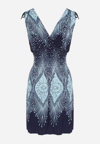 Born2be - Niebieska Sukienka Rozkloszowana ze Ściągaczami przy Ramionach w Abstrakcyjny Wzór Filinea. Okazja: na imprezę, na co dzień. Typ kołnierza: dekolt w kształcie V. Kolor: niebieski. Materiał: jeans. Typ sukienki: rozkloszowane, proste. Styl: klasyczny, casual, elegancki #5