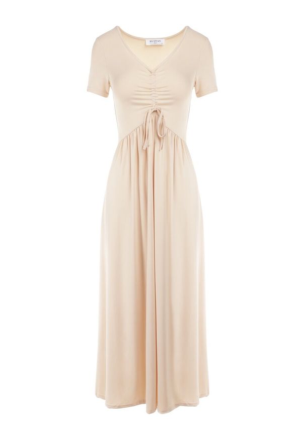 Born2be - Jasnobeżowa Sukienka Ionene. Okazja: na co dzień. Kolor: beżowy. Materiał: materiał. Długość rękawa: krótki rękaw. Sezon: wiosna, lato. Typ sukienki: proste. Styl: casual. Długość: midi