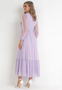 Born2be - Fioletowa Rozkloszowana Sukienka z Ozdobnymi Tiulowymi Wstawkami Revisa. Typ kołnierza: kołnierz z falbankami. Kolor: fioletowy. Materiał: tiul. Wzór: aplikacja. Długość: maxi #5