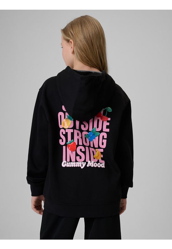 4f - 4F Bluza dresowa loose z kapturem dziewczęca - czarna 122/128 (6-8 lat). Okazja: na uczelnię, na co dzień. Typ kołnierza: kaptur. Kolor: czarny. Materiał: dresówka. Sezon: lato. Styl: casual