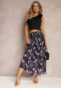 Renee - Granatowa Spódnica Ozdobiona Plisami z Gumką w Pasie i Elastyczną Podszewką Vislo. Kolor: niebieski. Wzór: aplikacja. Sezon: lato. Styl: boho