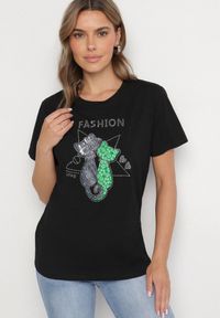 Born2be - Czarny T-shirt z Bawełny z Ozdobnym Napisem i Nadrukiem Olinella. Okazja: na co dzień. Kolor: czarny. Materiał: bawełna. Wzór: napisy, nadruk. Styl: casual #6