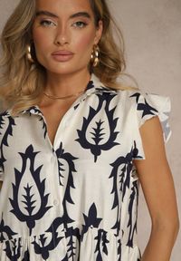 Renee - Biało-Granatowa Koszulowa Sukienka z Lnem i Wiskozą o Rozkloszowanym Kroju Aranese. Okazja: na co dzień. Typ kołnierza: kołnierzyk klasyczny. Kolor: biały. Materiał: len, wiskoza. Długość rękawa: krótki rękaw. Sezon: lato. Typ sukienki: koszulowe. Styl: klasyczny, casual #3