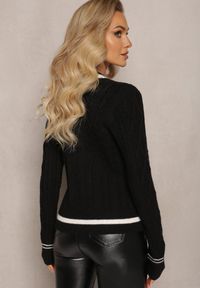 Renee - Czarny Wiskozowy Sweter Kardigan z Biżuteryjnymi Guzikami i Ozdobnymi Naszywkami Puanissa. Kolor: czarny. Materiał: wiskoza. Wzór: aplikacja