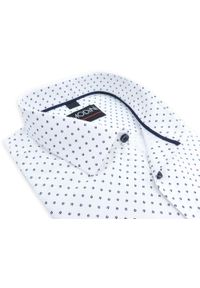 Modini - Biała koszula z krótkim rękawkiem, w granatowy wzorek YK09. Kolor: biały, wielokolorowy, niebieski. Materiał: bawełna, poliester, tkanina. Długość rękawa: krótki rękaw. Długość: krótkie. Styl: klasyczny #1