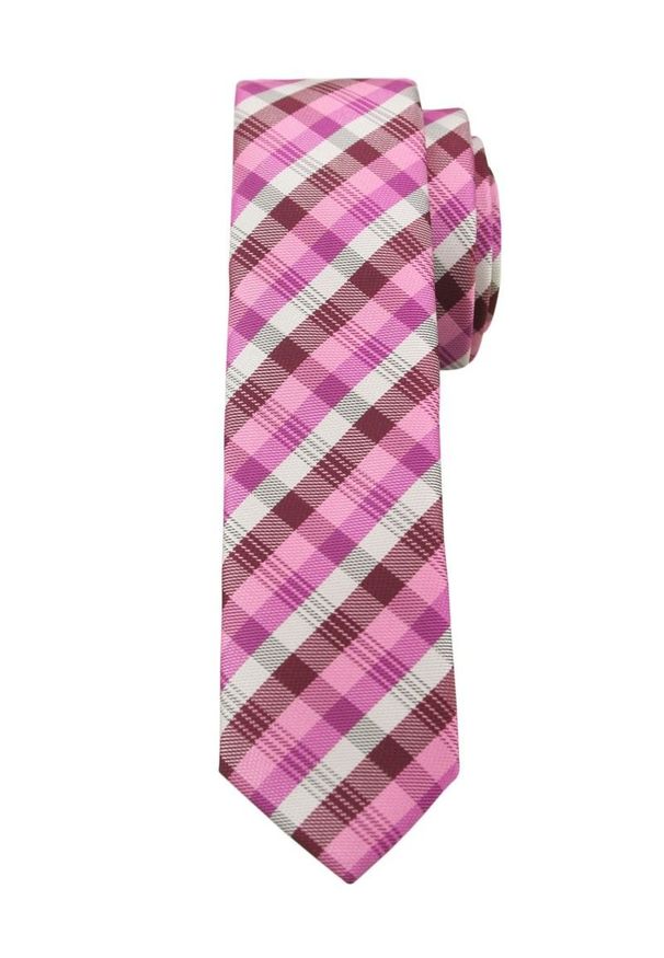 Alties - Różowy Stylowy Krawat (Śledź) w Kratkę -ALTIES- 5 cm, Wąski, Męski. Kolor: różowy. Materiał: tkanina. Wzór: kratka. Styl: elegancki