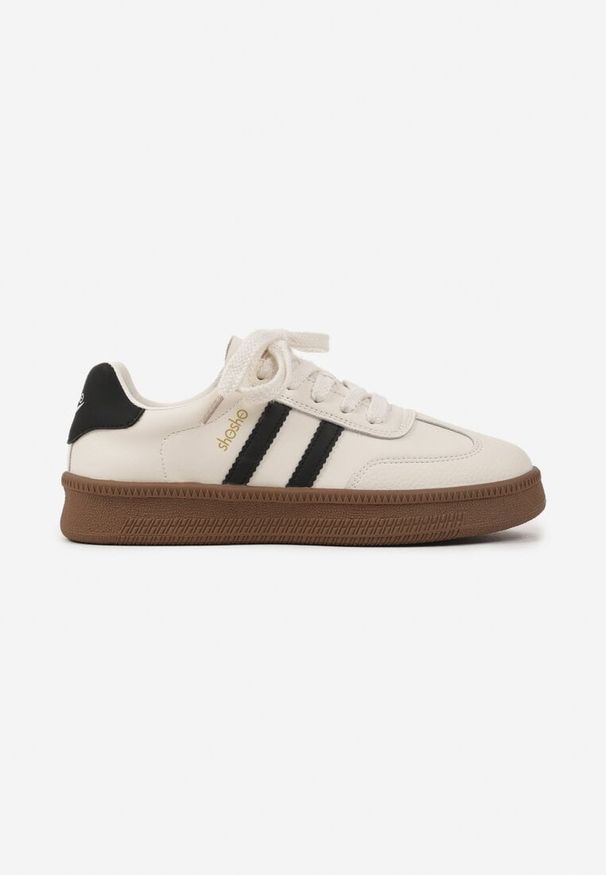 Renee - Beżowo-Czarne Sneakersy Sportowe z Ozdobnymi Paskami i Przeszyciami Wenilan. Okazja: na co dzień. Zapięcie: pasek. Kolor: beżowy. Materiał: jeans. Wzór: paski. Obcas: na płaskiej podeszwie