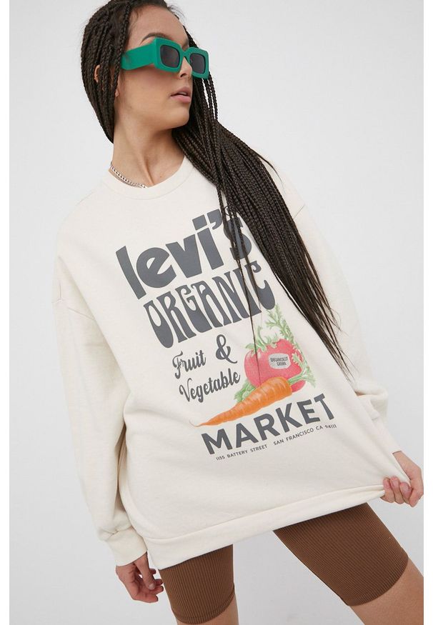 Levi's® - Levi's bluza bawełniana damska kolor beżowy z nadrukiem. Okazja: na spotkanie biznesowe. Kolor: beżowy. Materiał: bawełna. Długość rękawa: długi rękaw. Długość: długie. Wzór: nadruk. Styl: biznesowy