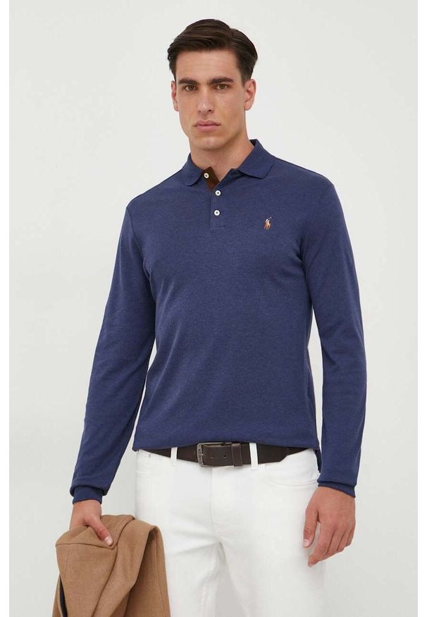 Polo Ralph Lauren longsleeve bawełniany kolor niebieski gładki. Typ kołnierza: polo. Kolor: niebieski. Materiał: bawełna. Długość rękawa: długi rękaw. Długość: krótkie. Wzór: gładki