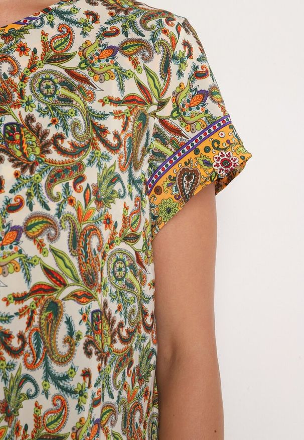 Born2be - Beżowo-Zielona Wiskozowa Sukienka Rozkloszowana we Wzór Paisley Mastis. Kolor: beżowy. Materiał: wiskoza. Wzór: paisley