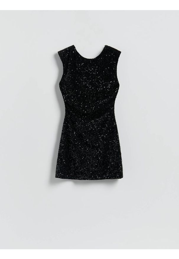 Reserved - Cekinowa sukienka mini - czarny. Kolor: czarny. Materiał: dzianina. Długość: mini
