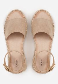 Renee - Beżowe Sandały VICES z Imitacji Zamszu na Niskim Plecionym Koturnie Anameda. Okazja: na co dzień. Zapięcie: pasek. Kolor: beżowy. Materiał: zamsz. Wzór: haft. Obcas: na koturnie. Styl: casual #9