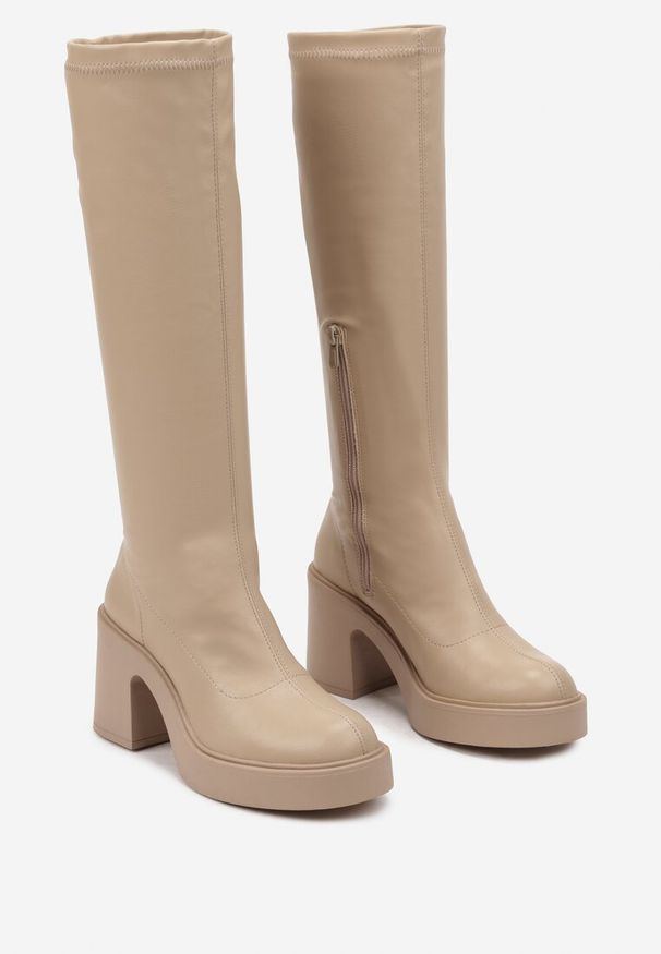 Born2be - Beżowe Kozaki na Obcasie i Platformie z Dopasowaną Cholewką Astala. Wysokość cholewki: przed kolano. Kolor: beżowy. Materiał: wełna, jeans. Szerokość cholewki: normalna. Wzór: aplikacja. Obcas: na obcasie. Styl: elegancki. Wysokość obcasa: średni