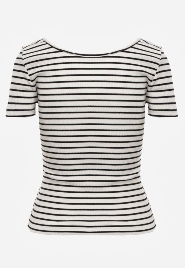 Renee - Biało-Granatowy Bawełniany T-shirt Koszulka w Paski z Krótkim Rękawem Fralea. Okazja: na co dzień. Kolor: biały. Materiał: bawełna. Długość rękawa: krótki rękaw. Długość: krótkie. Wzór: paski. Styl: casual, elegancki
