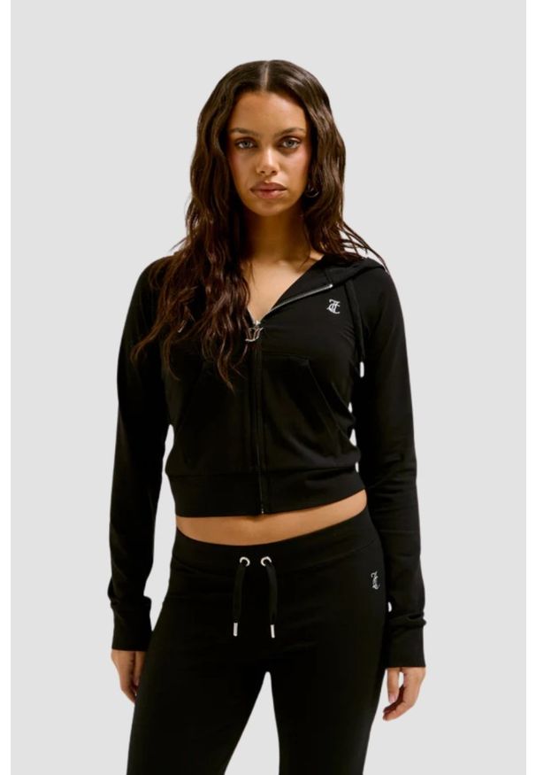 Juicy Couture - JUICY COUTURE Czarna bluza damska Single Jersey Ola Hoodie, Rozmiar XL. Kolor: czarny. Materiał: jersey