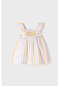 Mayoral Newborn sukienka bawełniana dziecięca kolor żółty mini rozkloszowana. Typ kołnierza: dekolt w karo. Kolor: żółty. Materiał: bawełna. Typ sukienki: rozkloszowane. Długość: mini
