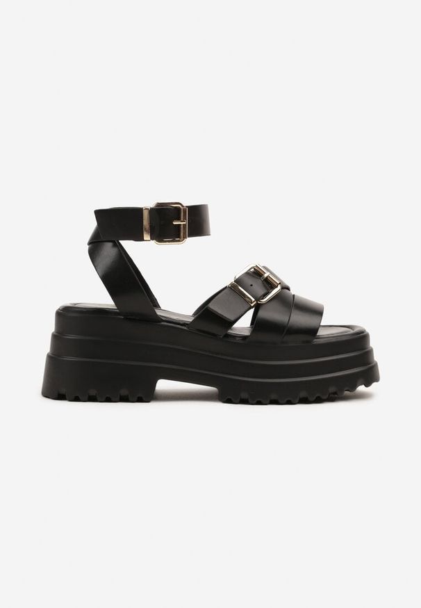 Born2be - Czarne Sandały na Grubej Podeszwie z Klamrami Melfia. Okazja: na co dzień. Zapięcie: klamry. Kolor: czarny. Obcas: na obcasie. Styl: casual, rockowy, elegancki. Wysokość obcasa: średni