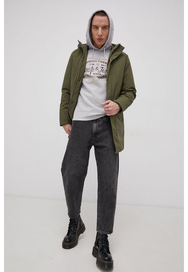 Premium by Jack&Jones Bluza męska kolor szary z kapturem z nadrukiem. Okazja: na co dzień. Typ kołnierza: kaptur. Kolor: szary. Wzór: nadruk. Styl: casual