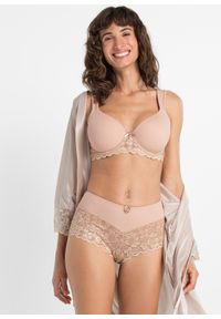 bonprix - Figi maxi panty z koronką. Kolor: beżowy. Materiał: koronka. Wzór: koronka