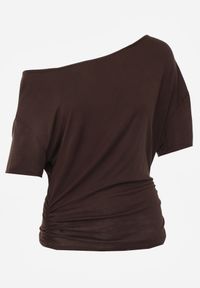 Born2be - Brązowa Wiskozowa Bluzka Nietoperzowa na Jedno Ramię z Marszczeniem w Talii Bolea. Okazja: do pracy, na co dzień, na spotkanie biznesowe. Kolor: brązowy. Materiał: wiskoza. Długość: długie. Styl: elegancki, biznesowy, klasyczny, casual #2