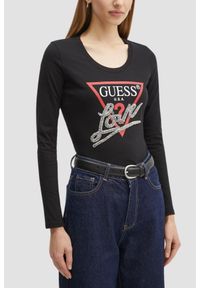 Guess - GUESS Czarny damski longsleeve Love Tee. Kolor: czarny. Długość rękawa: długi rękaw