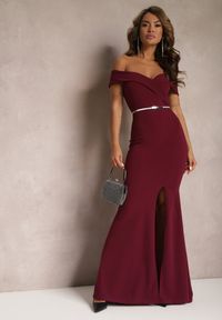 Renee - Bordowa Taliowana Sukienka Maxi z Rozcięciem Perlina. Kolor: czerwony. Długość rękawa: na ramiączkach. Typ sukienki: rozkloszowane. Styl: elegancki. Długość: maxi #1