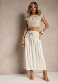 Renee - Beżowa Spódnica z Wiskozą i Lnem High Waist o Rozkloszowanym Kroju Lumerellea. Okazja: na co dzień, na spacer. Stan: podwyższony. Kolor: beżowy. Materiał: len, wiskoza. Styl: elegancki, casual