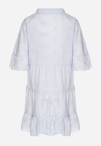 Born2be - Jasnoniebieska Bawełniana Sukienka z Haftowanej Tkaniny o Koszulowym Kroju z Falbanami Filidwena. Okazja: na co dzień. Typ kołnierza: kołnierzyk klasyczny. Kolor: niebieski. Materiał: tkanina, bawełna. Wzór: haft. Typ sukienki: koszulowe. Styl: boho, elegancki, casual, klasyczny #4