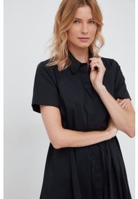 DKNY - Dkny sukienka kolor czarny midi rozkloszowana. Kolor: czarny. Materiał: tkanina. Długość rękawa: krótki rękaw. Typ sukienki: rozkloszowane. Długość: midi #3