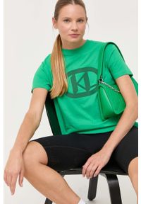 Karl Lagerfeld t-shirt bawełniany kolor zielony. Kolor: zielony. Materiał: bawełna. Długość rękawa: krótki rękaw. Długość: krótkie. Wzór: aplikacja. Styl: klasyczny #1