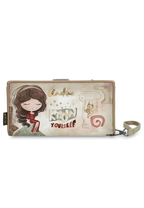 Beżowy Duży Damski Portfel Anekke Muse. Kolor: beżowy. Wzór: aplikacja