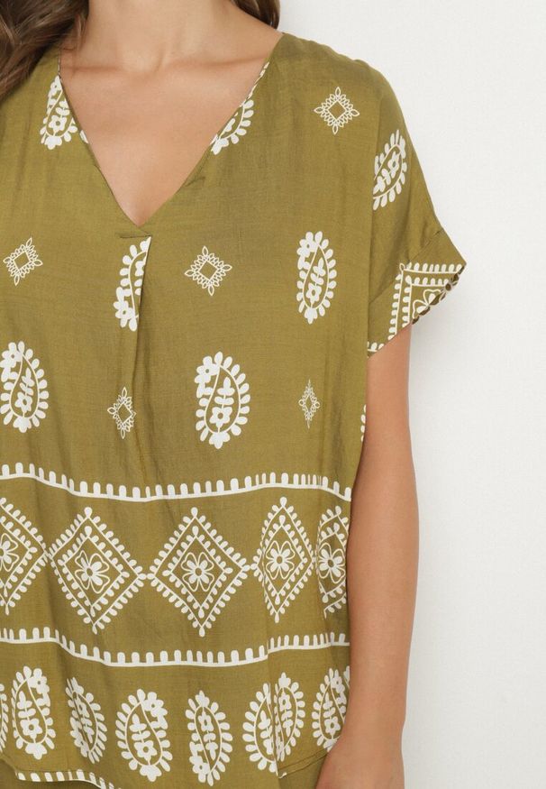 Born2be - Zielono-Biały Bawełniany Komplet Koszula i Szerokie Spodnie w Stylu Boho Ollirive. Kolor: zielony. Materiał: bawełna. Wzór: aplikacja