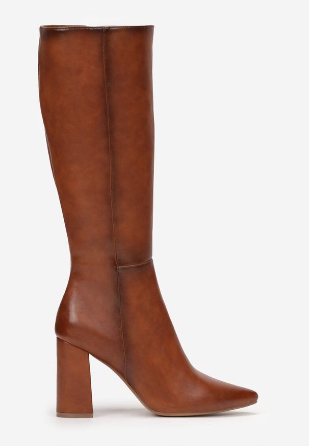 Renee - Brązowe Kozaki na Obcasie ze Szpiczastym Noskiem Geldona. Nosek buta: szpiczasty. Zapięcie: zamek. Kolor: brązowy. Szerokość cholewki: normalna. Wzór: gładki. Wysokość cholewki: przed kolano. Materiał: skóra ekologiczna. Obcas: na obcasie. Styl: elegancki. Wysokość obcasa: średni