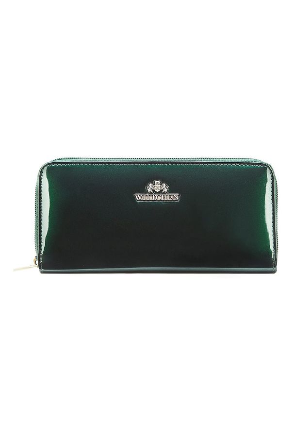 Wittchen - Damski portfel ze skóry lakierowany na suwak ciemny zielony. Kolor: zielony. Materiał: skóra, lakier. Wzór: aplikacja