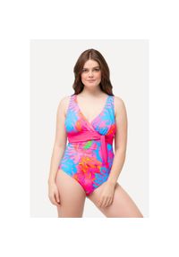ULLA POPKEN - Damski Kostium kąpielowy neonowy nadruk ozdobna tasiemka miękkie miseczki. Kolekcja: plus size. Kolor: niebieski. Materiał: poliester, elastan, poliamid, materiał. Wzór: nadruk