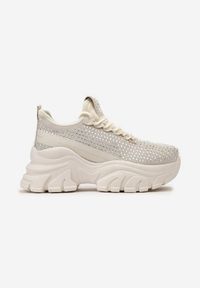 Born2be - Beżowe Sneakersy na Grubej Podeszwie Ozdobione Cyrkoniami Nallua. Okazja: na co dzień, na spacer. Kolor: beżowy. Wzór: aplikacja. Sport: turystyka piesza #4