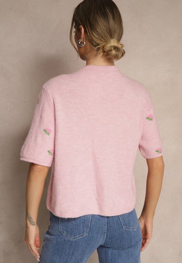 Renee - Różowy Wzorzysty Sweter Kardigan z Krótkim Rękawem z Dodatkiem Wełny Korivelle. Okazja: na spotkanie biznesowe, do pracy, na co dzień. Kolor: różowy. Materiał: wełna. Długość rękawa: krótki rękaw. Długość: krótkie. Styl: elegancki, casual, biznesowy