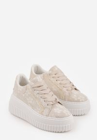 Born2be - Beżowe Sneakersy na Grubej Podeszwie Zdobione Koronką i Brokatem Relfi. Okazja: na spacer, na co dzień. Kolor: beżowy. Materiał: koronka. Wzór: aplikacja, koronka. Sport: turystyka piesza #4